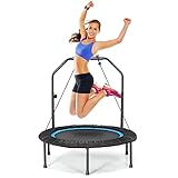 KOMFOTTEU 2-in-1 Fitness Trampolin, Ø 101 cm Gartentrampolin mit höhenverstellbarer Griff & 2 Widerstandsbänder, faltbares Mini-Trampolin bis 150 kg belastbar für Indoor Outdoor, Schwarz + B