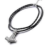 AMOZ Viking Thor's Hammer Edelstahl Anhänger Halskette, Handgewebtes Schwarzes Lederband, Nordische Jungen Und Mädchen,Silber
