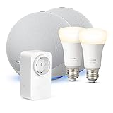 Smart Home Kit: 2x Echo (4. Generation, Weiß) + 2x Philips Hue White E27 + 1x Amazon Smart Plug (WLAN-Steckdose)