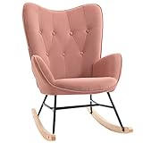 HOMCOM Schaukelstuhl mit Stahlrahmen gepolstert Relax Stuhl Sessel Stuhl Wohnzimmersessel Lounge mit gepolsterter Sitzfläche samtartiges Polyester Gummiholz Metall Rosa+Natur 84 x 70 x 96 cm