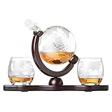 Whiskyset Glas-Karaffe Globus Segelschiff mit gravierter Weltkarte, 2 Whiskygläser und Holz-Tablett, Whisky Flasche mit luftdichtem Verschluss, Decanter 850ml Geschenkidee für Männer