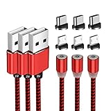 Magnetisches Ladekabel (3 Stück, 1M/2M/3M), 360° Drehbares Magnetisches USB Kabel, Nylon-geflochtenes 2-in-1 Magnetkabel, LED Ladekabel für Android Micro-USB, USB Typ C Geräten (Rot)