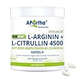 APOrtha® Argiviron® L-Arginin + L-Citrullin 4500 hochdosiert + Herzvitamin Vitamin B1, 360 vegane Kapseln, Hochdosiert im Verhältnis von 1,6 zu 1 von L-Arginin zu L-Citrullin, allergenfrei