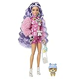 Barbie GXF08 - Extra Puppe, rosa Jeansjacke, passende Shorts, kleiner Hund, lange Haare in Blaulila, Outfit im Lagenlook, Zubehör, bewegliche Gelenke, Spielzeug Geschenk für Kinder ab 3 Jahren