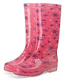 HUILUN Gummi-Regenstiefel Damen Transparente Süßigkeiten- farbige Regenschuhe Mode Druckstiefel Mittelrohr Gartenschuhe Wasserdicht Regenstiefel (Color : Pink Snowflake, Size : 38)