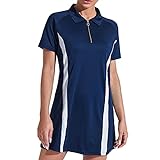 YUUMIN Polokleid Kurzarm Damen Golf-Kleider Sommer Freizeitkleid Streifen Patchwork Polokragen Sport Tennis Dress Sportbekleidung Blau M