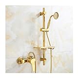 GLYYR Messing Gold Duschset Wand Handheld mit Kaltes und Heißes Wasser Einzelgriff Badewanne Wasserhahn mit Handbrause, Gleitschiene, Regal