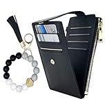 ULITIQ Geldbörse Damen mit Reißverschluss Münzgeldbörse, schlanke Brieftasche mit Ausweisfenster, viele Kreditkartenfächer, S, Damen Geldbörse mit Silikon-Perlen-Schlüsselanhänger (schwarz)