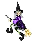Widmann 01395 - Sprechende Hexe auf Besen, mit leuchtenden Augen und strampelnden Beinen, 70 cm, Partydekoration, Halloween, Karneval, Mottoparty