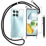 TTSWJBD Handykette für Honor 200 Smart 5G Hülle mit Displayschutzfolie Schutzfolie, Necklace Handyhülle mit Abnehmbar Kordel zum Umhängen Transparent Silikon Schutzhülle mit Band in Schw