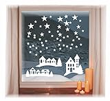 das-label Wiederverwendbare winterliche Fensterbilder weiß | Dörfchen mit Sternen und Kirche | Weihnachten | Fensterdeko | konturgetanzt ohne transparenten Hintergrund (Dörfchen mit Sterne)