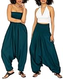 Jumpsuit Damen Sommer – vielseitiger 2-in-1-Einteiler aus Baumwolle – Overall wird durch Runterziehen zur Haremshose - mit langem Bein, Taschen & elastischem Bündchen an Taille und Knöchel Grün B