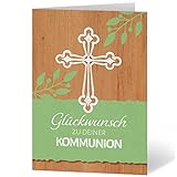 Einladungskarten Manufaktur Hamburg XXL Glückwunschkarte A4 zur Kommunion - große Karte mit Umschlag Kommunionskarte Grußkarte für Jungen und Mädchen Kreuz Rustikal Holz