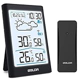 BALDR Wetterstation Funk mit Außensensor Innen Außen Digital Thermometer Hygrometer mit Wettervorhersage, Wecker mit Wetterstation, Uhrzeitanzeige