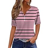 HOOUDO Sale Angebote Modisches, lässiges T-Shirt für Damen mit Streifen und Patchwork-Knopfleiste, kurzärmelig Klamotten Damen Schwangerschaft Sportkleidung T Shirt Halbarm Dam Mein Bestellung S
