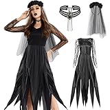 KIKVTER Halloween Kostüm Damen, Zombie Braut Kostüm Damen Schwarze, Geisterbraut Kostüm Damen, Kostüm Halloween für Halloween Fasching Karneval kostüm Damen Geisterbraut Vampir Zombie Damen Hex