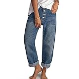 Yokbeer Damen Stretch Jeans| Boyfriend Hose mit Sichtbarer Knopfleiste| Vintage Denim Waschung (Color : Blue, Size : 3XL)