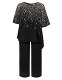 Hanna Nikole Damen Große Größen Hosenanzug Cape Sleeve Zip Rhinestones Loose Round Neck Wide Leg Pants Chiffon Comfortable Lined Festival Summer Elegant High Waist Goldener Farbverlauf 52