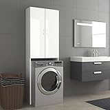 Susany Waschmaschinenschrank mit 2 Türen und 3 Fächern, Badschrank, Hochschrank, Badregal, Badmöbel Spanplatte Hochglanz-Weiß 64x25,5x190 cm
