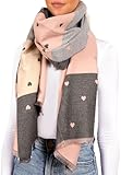 BRUBAKER Cashmirillo Damen Schal mit Herz Muster - 70 x 200 cm - Warm, Kuschelig und Oversized - Winterschal für Herbst und Winter - Weiches Kaschmir-Gefühl - Rosa, Grau und Beig