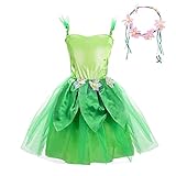 Lito Angels Tinkerbell Kostüm Grüne Fee Kleid mit Blumen Stirnband Blumenkranz Haare für Mädchen Kinder, Größe 5-7 Jahre, L