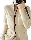 VATIVA Damen 100% Kaschmir Pullover Herbst/Winter Stehkragen Cardigan Casual Knit Tops Jacke (Farbe: ECRU, Größe: M)