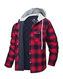 MAGCOMSEN Herren Thermohemd Warme Kariertes Frühling Shirt Hoodie Gesteppt Plaid Hemd Abnehmbar Kapuze Flanellhemd Herren Winter Fleece Hemdjacke mit Große Taschen Rot Dunkelblau L