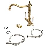 Wasserhahn Küche Antik, Küchenarmatur 360° Drehbar, Mischbatterie Spültischarmatur Zweigriffmischer Nostalgie, Hochdruck Küchenspüle Armatur Hoher Auslauf aus Messing