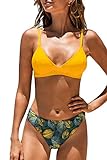 CUPSHE Damen Bikini Set Triangel Lace Up Bikini Bademode Blättermuster Low Rise Brazilian Zweiteiliger Badeanzug Swimsuit Gelb S
