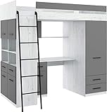 Hochbett mit Schreibtisch, Schubladen, Kleiderschrank und Bücherregal - Level L - (CraftWeiß/Graphit)