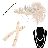 Yigoo 20er Jahre Charlestonkleider Accessoires Damen 1920s Flapper Gatsby Kostüm Zubehör, Zigarettenhalter Federboa Stirnband Perlenkette Handschuhe Gold