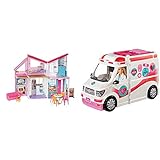 Barbie FXG57- Malibu Haus Puppenhaus 60 cm breit mit +25 Zubehörteile, Puppen Spielzeug ab 3 Jahren & 2-in-1 Krankenwagen, aufklappbares Fahrzeug mit Licht und Geräuschen, Puppen Spielset mit Zubehör