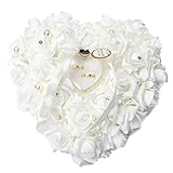 JJPUNK Hochzeit Ringkissen Romantic Rose Ring Box Herz Bevorzugungen Ehering Kissen mit eleganter Satin Flora 26x26x13cm (Weiss)