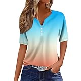 V-Ausschnitt Sommer T-Shirt Damen Oberteile mit Print Lässiges Knopf Bluse Bequeme Kurzarm Ärmel Tops Henry Collar Bluse Sommer-Top Blusenshirt Blusentops Farbblock/Farbverlaufs(Light Blue,XXL)