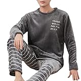 YDYBY Herren Schlafanzug Lang Pyjama Flanell Langarm Sleepwear Shirt Mit Tasche Pyjamahose Zweiteilig Set Streifen Nachtwäsche Hausanzug Gestickte Buchstaben,D,XL