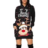 Blingko Hoodie Kleid Damen Weihnachtskleid Lange Ärmel Hoodies Pullover mit Weihnachten Druck Kapuzenjacke Taschen Weihnachtspullover Casual Langarmjacke Hochwertige Sweatshirt