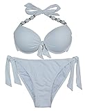 EONAR Damen Seitlich Gebunden Bikini-Sets Abnehmbar Bademode Push-up-Bikinioberteil mit Nackenträger, Weiß, (Größe:34-36)70B/75A/75B