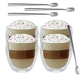 GoMaihe Latte Macchiato Doppelwandige Gläser 250ml 4er Set und 4 Löffel, Cappuccino Tassen Eiskaffee Becher Kaffeetasse Teegläser Thermogläser Doppelwandig, Kaffeegläser Coffee Cup Mokkatassen