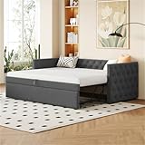 Ausziehbares Schlafsofa 90x200 cm Vollform mit Knöpfen Polsterbett mit Lattenrost Familienbett für Erwachsene Jugendliche Gästebett für Schlafzimmer Gästezimmer Einzelbett G