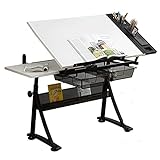 Zeichentisch mit Schubladen, vielseitiger Kunststudientisch, verstellbares Klappbrett, Kunstarbeitsplatz, Malertisch, Skizzier-Malarbeitsplatz (Color : Glass) () (White Table)