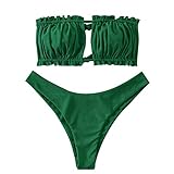 ZAFUL Damen Trägerloser Gerippter Rüschenausschnitt Bandeau Bikini Set Badeanzug (S, Grün3)