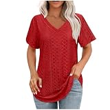 Dyhxuan T Shirt Damen Kurzarm Sommer Spitzen Stickerei Oberteile Einfarbig Kurzarm Longshirt Elegant V-Ausschnitt T-Shirt Locker Atmungsaktive Sommershirt Tops Aesthetic Longbluse Tunika B