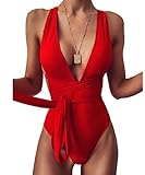 ABYOVRT Damen Badeanzug Einteilige Bikini Vintage V Ausschnitt Bademode Strandmode Monokini Einteilige Swimsuit,Rot,S
