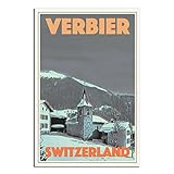 Verbier Schweiz Vintage Reiseposter Skyline Leinwand Kunst Poster Bild Geschenk Wanddekor Kunst Gemälde Poster Moderne Familie Deko Poster