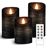 AnnSpa 3 Set Schwarz LED Kerzen Batteriebetriebene mit Fernbedienung，Flammenlose Echtes Wachs Flackern Moving Wick Flackern Amber Yellow Light Pillar Candles，Unscented Wachs für Geschenk/Dek
