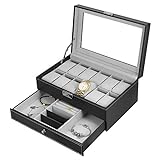 Hossjoy Uhrenbox Schmuckkästchen für 12 Uhren Glas, Schwarz, Mit Schlüssel