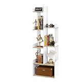 EUGAD Bücherregal in Baumform, Regal, Standregal, Bücherschrank, mit 8 Fächern, für Bücher CD DVD, mit Rückenwänden, für Wohnzimmer Büro, aus Holzwerkstoff, 49x146x25 cm, weiß, helle Eiche