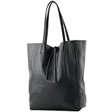 modamoda de - T163 - Ital. Shopper Large mit Innentasche aus Leder, Farbe:Schwarz