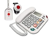 MAXCOM KXT481SOS(G-TELWARE®) Senioren-Notruf-Telefon mit Funk-SOS-Sender, schnurgebundenes Festnetztelefon, 1Armband+1Umhängesender, Große Tasten, Hörgerätekompatibel
