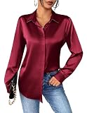 Zeagoo Damen Bluse Satin V-Ausschnitt Hemden Elegant Langarm Business Oberteile mit Knöpfen Tops Loose Langarmshirt Rot S